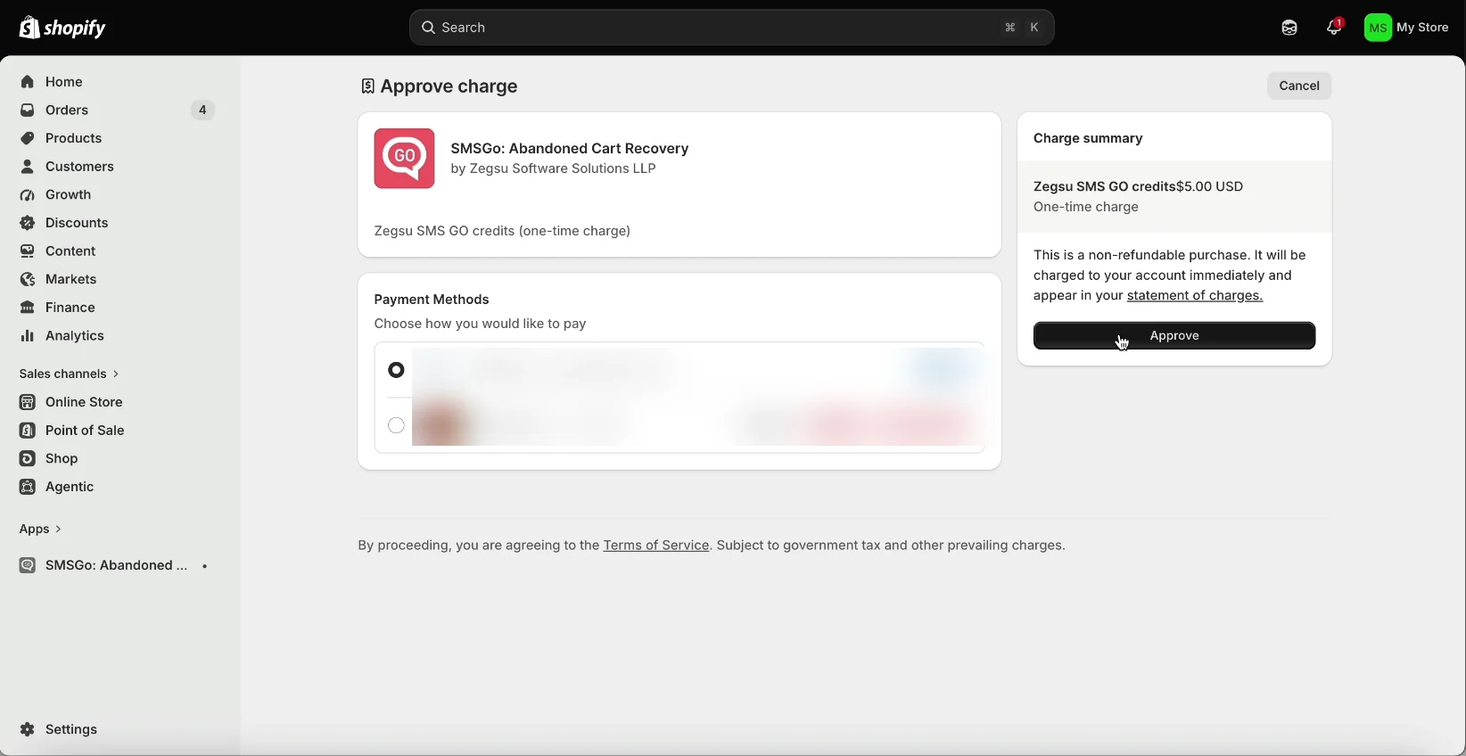 Approve the one-time, non-refundable credit charge in Shopify