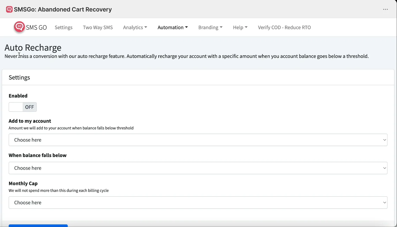 Automation > Auto Recharge settings