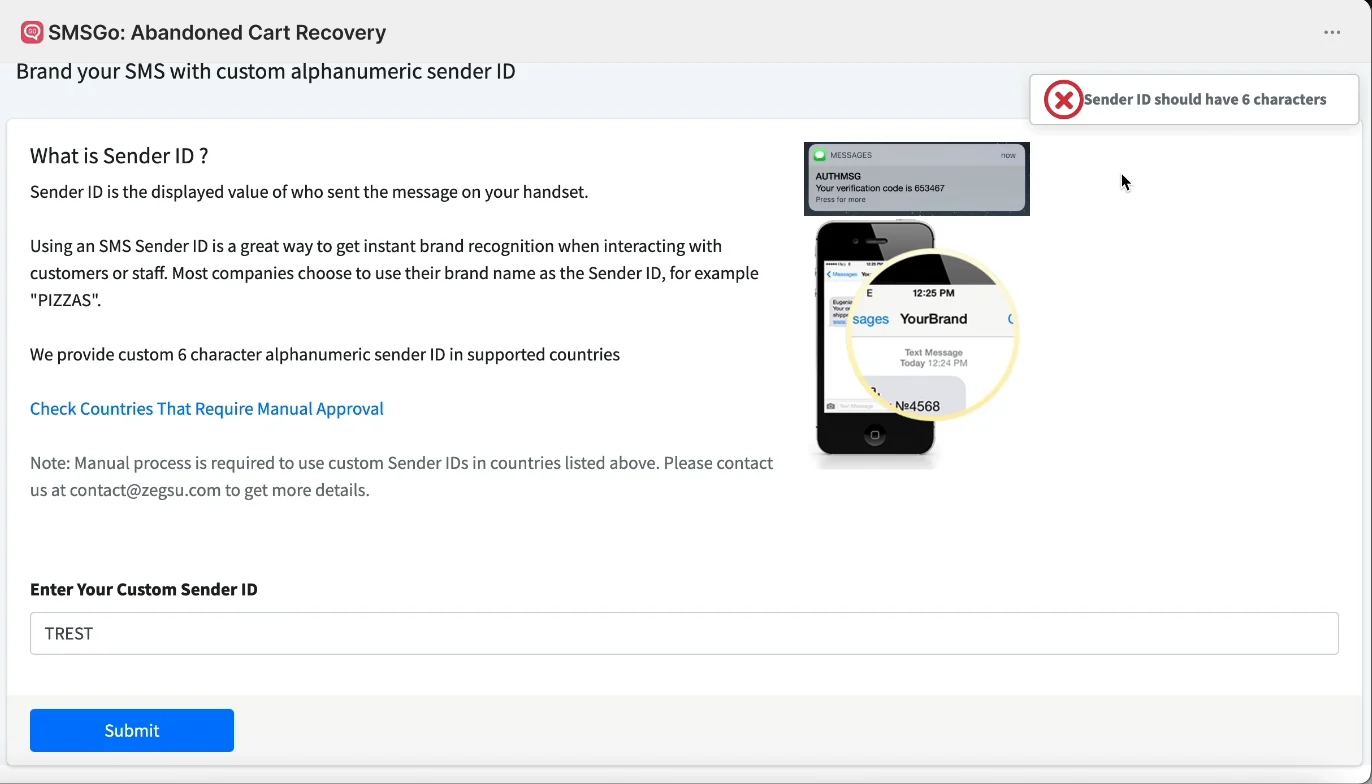 Error: Sender ID should have 6 characters