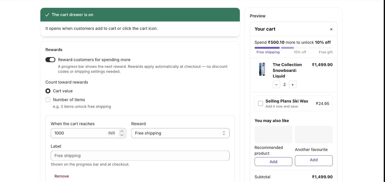 Cart page: rewards settings with a live preview of the drawer