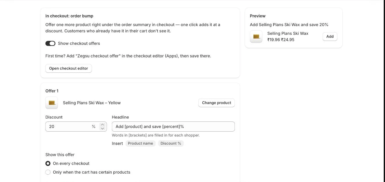 In checkout: order bump, with the offer, its discount and headline, and a preview