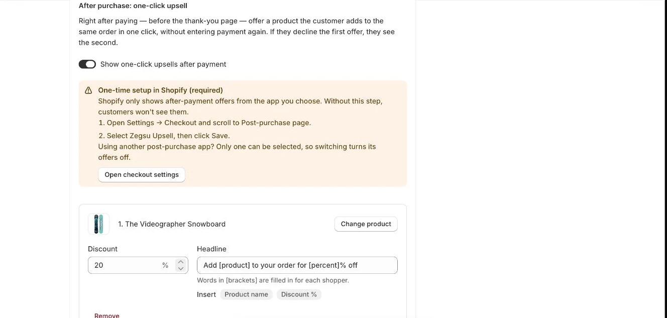 After purchase: one-click upsell, with the one-time Shopify setup and the offer