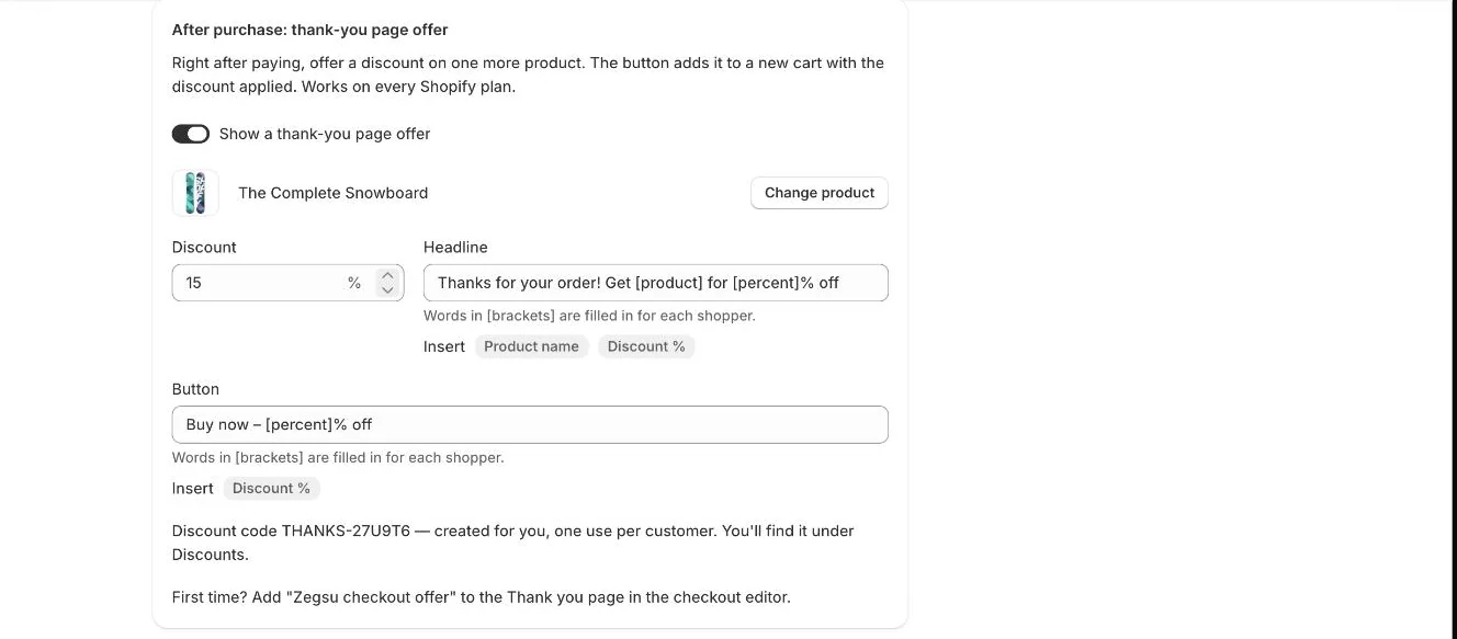 After purchase: thank-you page offer with its product, discount, headline, button and code