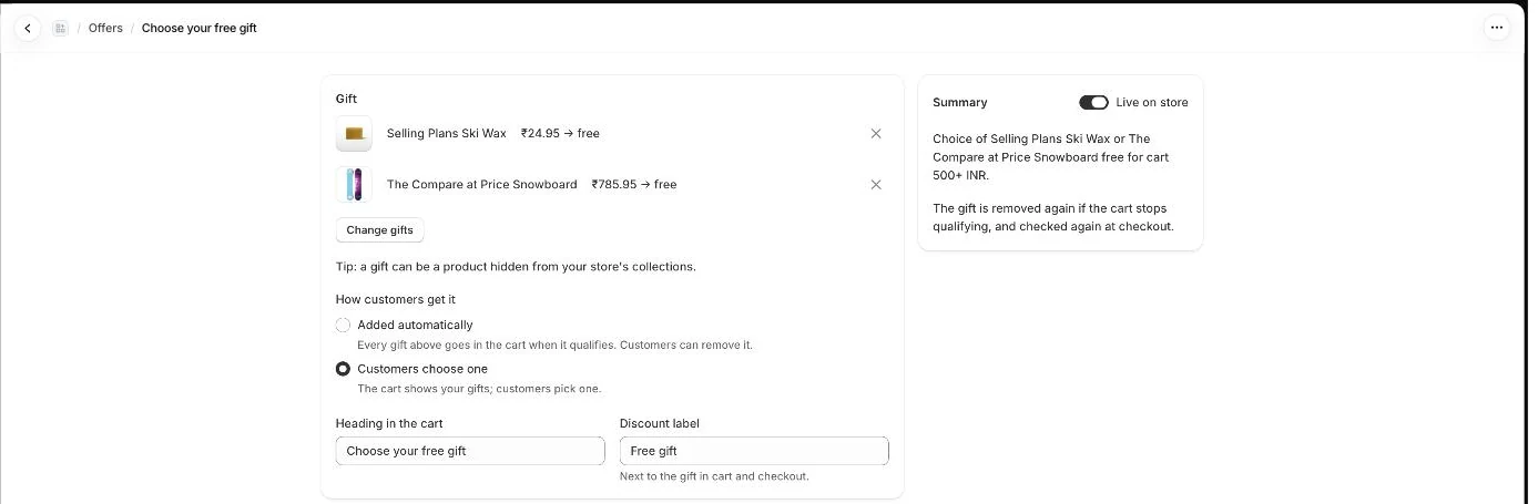 Gift offer: the gift products, how customers get them, and the summary