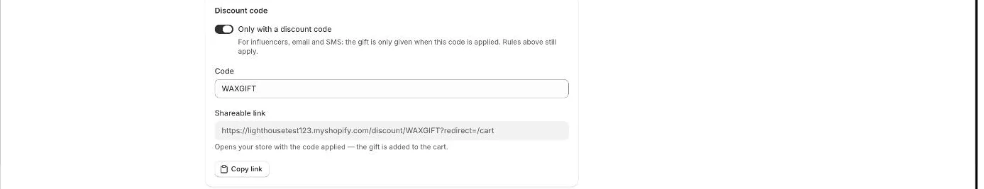 Only with a discount code: the code, its shareable link and Copy link