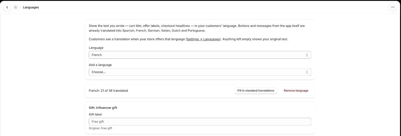 Languages: pick a language, fill in standard translations, edit each text