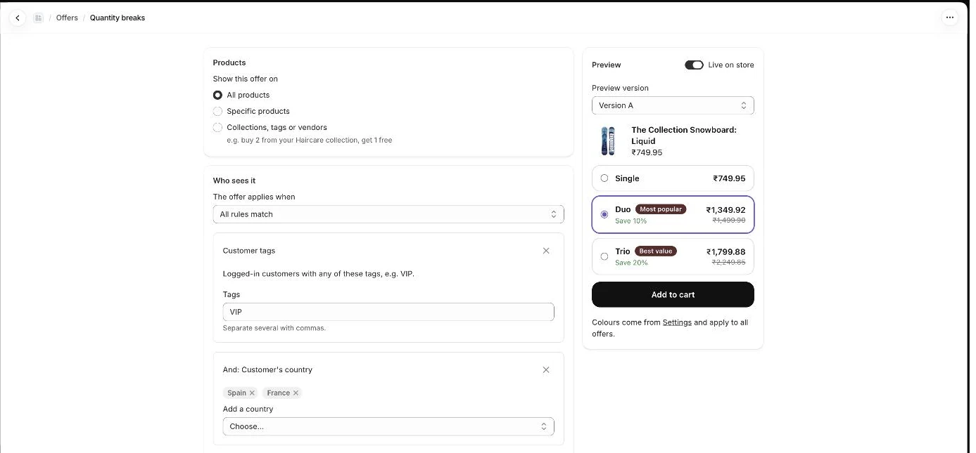 Choose which products the offer covers and who sees it, with a live preview