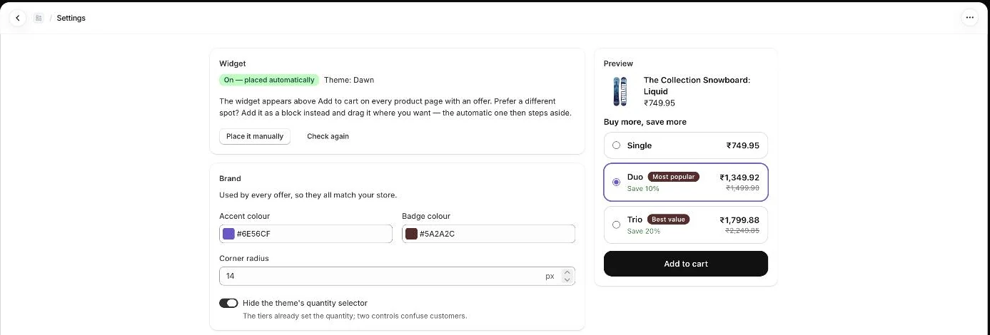 Settings: widget placement, brand colours, corner radius and a preview