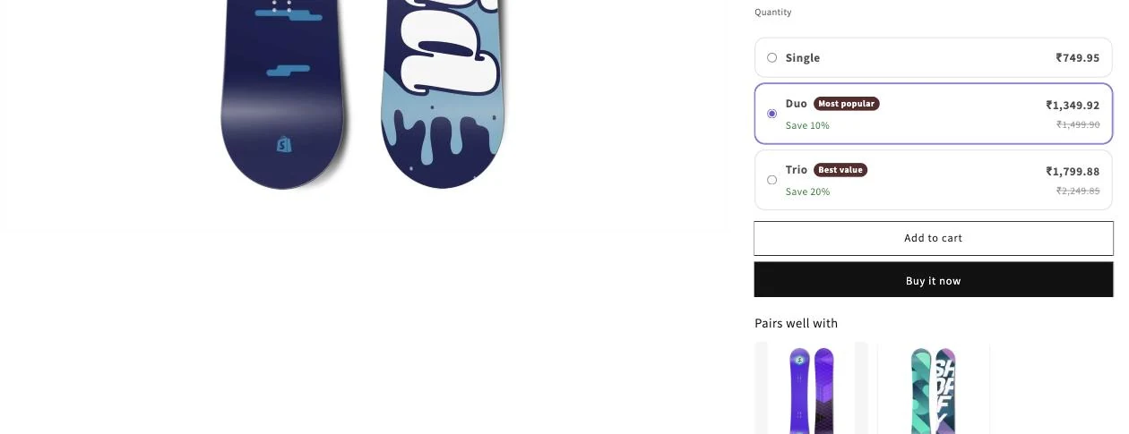 Quantity breaks on a product page, with Duo pre-selected and recommendations below