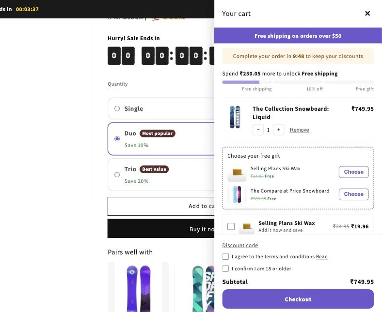 The cart drawer with the rewards bar, a free-gift picker, an add-on and checkout extras
